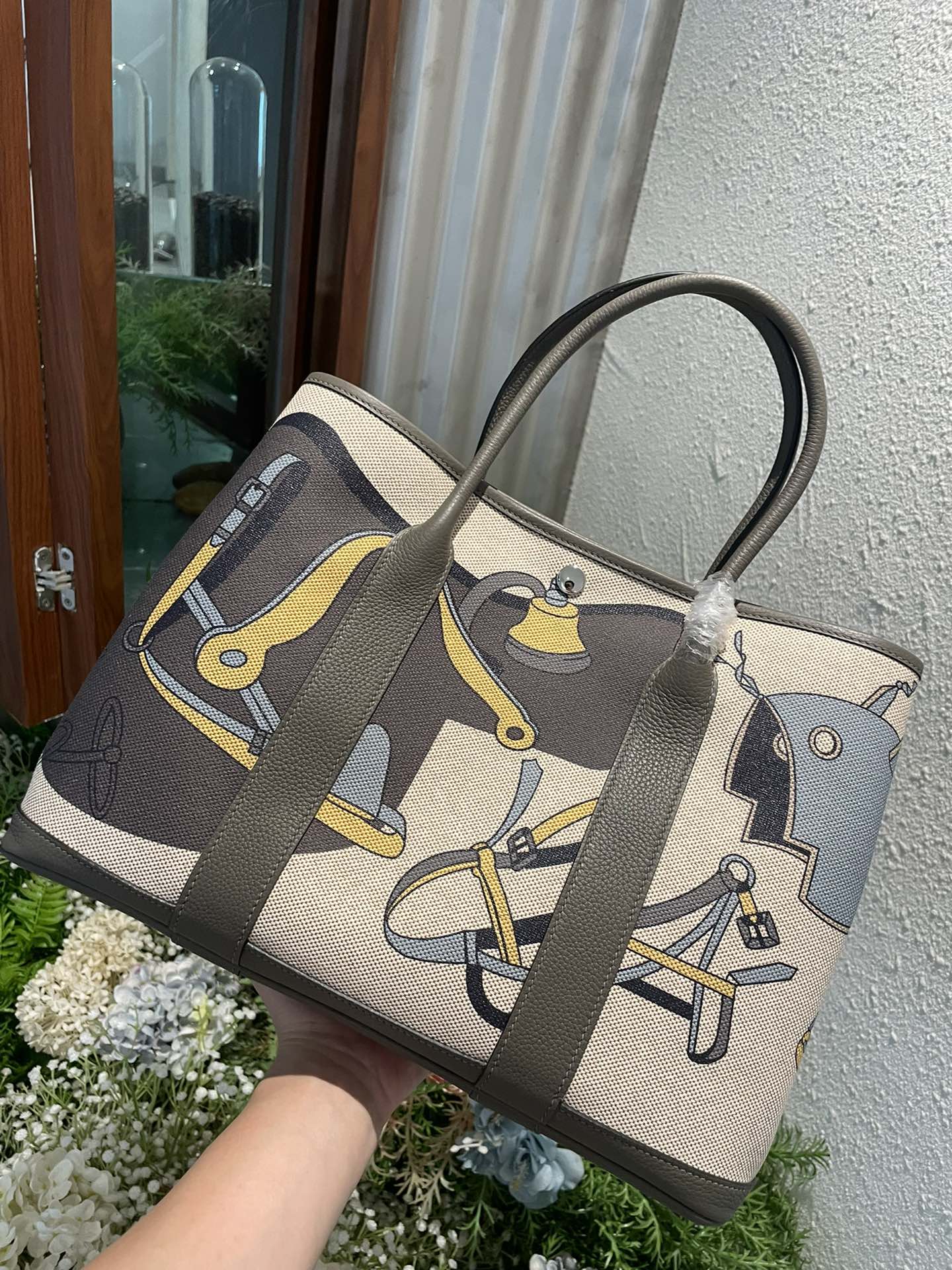 Hermes Garden Party 36cm Canvas Tote Handbag In Etain Clemence Leather